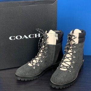 Coach Women's Lorren Black/Grey and Cream Lace-Up Bootie NWT